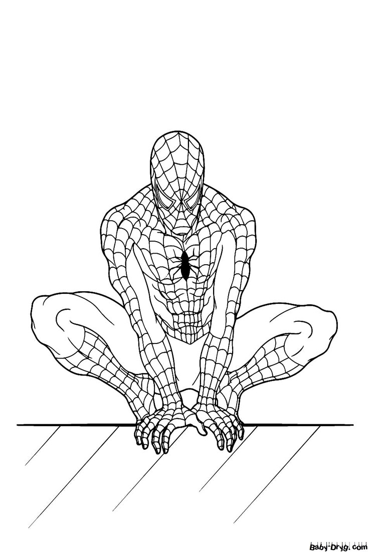 Coloring page Spider-Man sits on the roof | Coloring Spider-Man