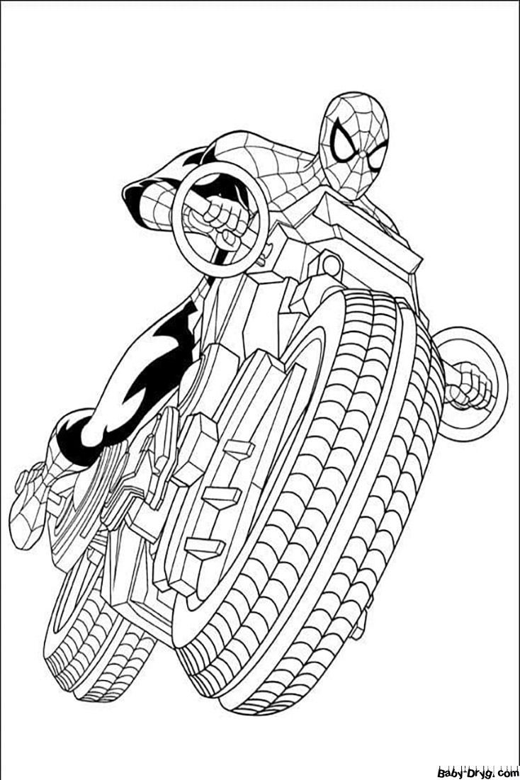 Coloring page SpiderMan on a motorcycle | Coloring Spider-Man
