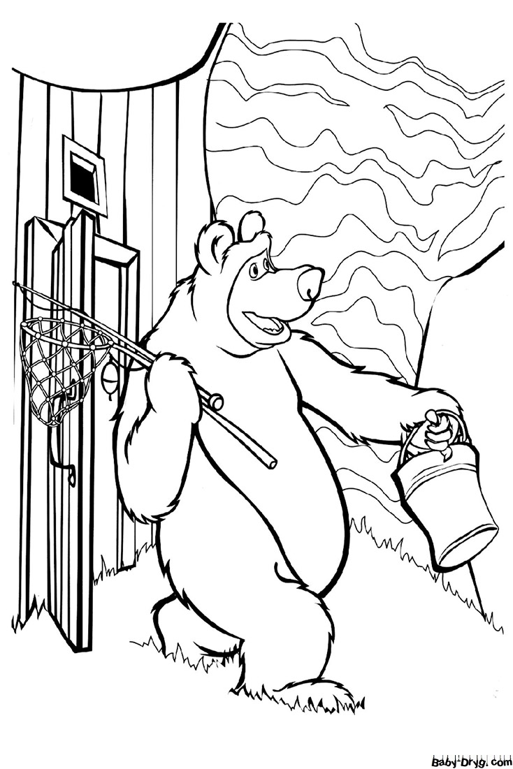 Coloring page The bear is going fishing | Coloring Masha and the Bear