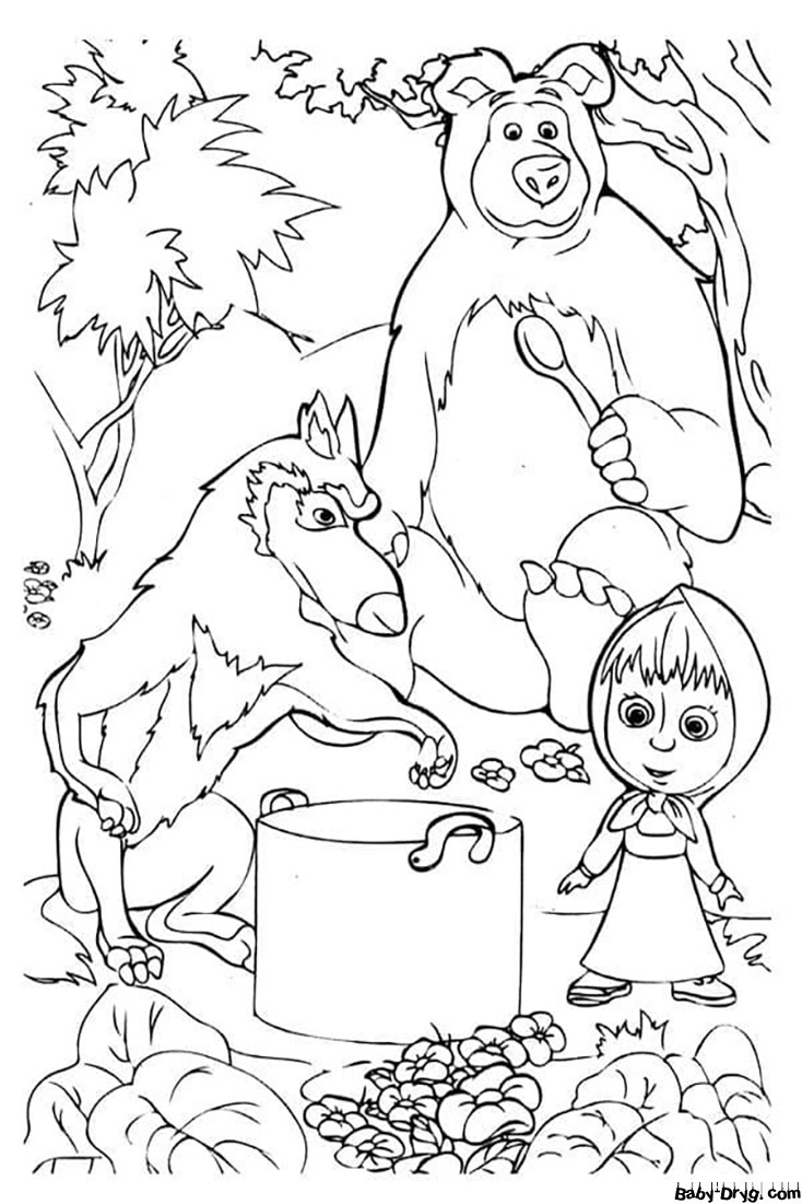 Coloring page Wolf makes soup for Masha and Bear | Coloring Masha and the Bear