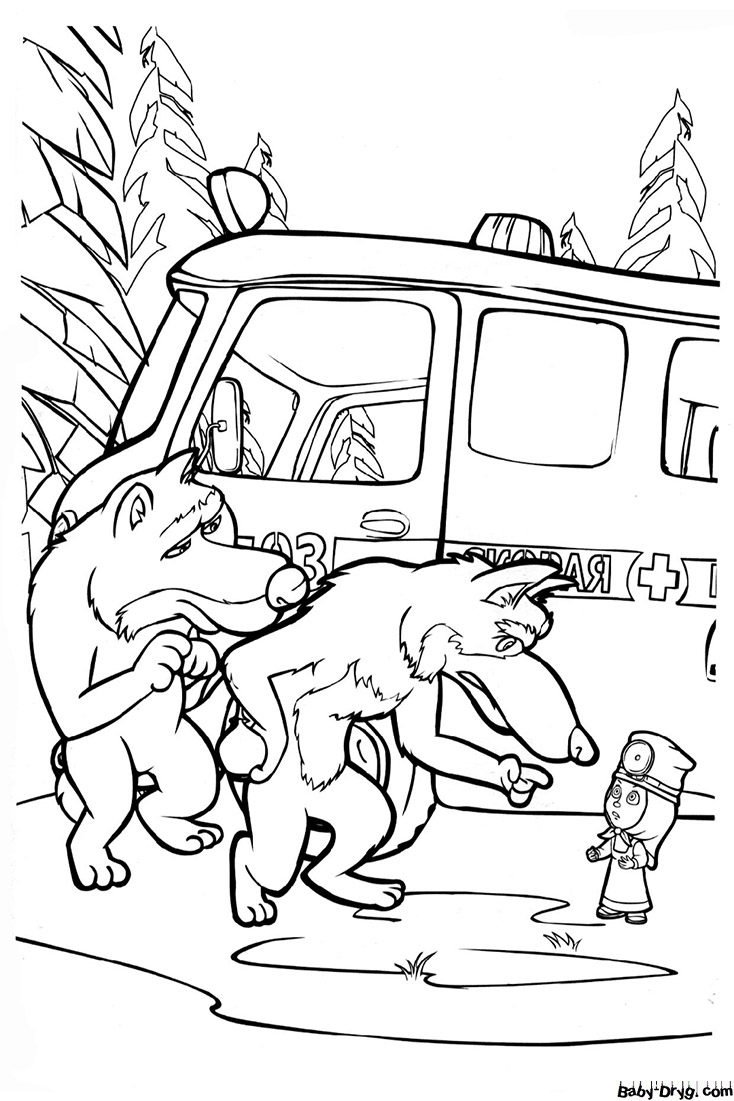 Coloring page Wolves and Nurse Masha | Coloring Masha and the Bear