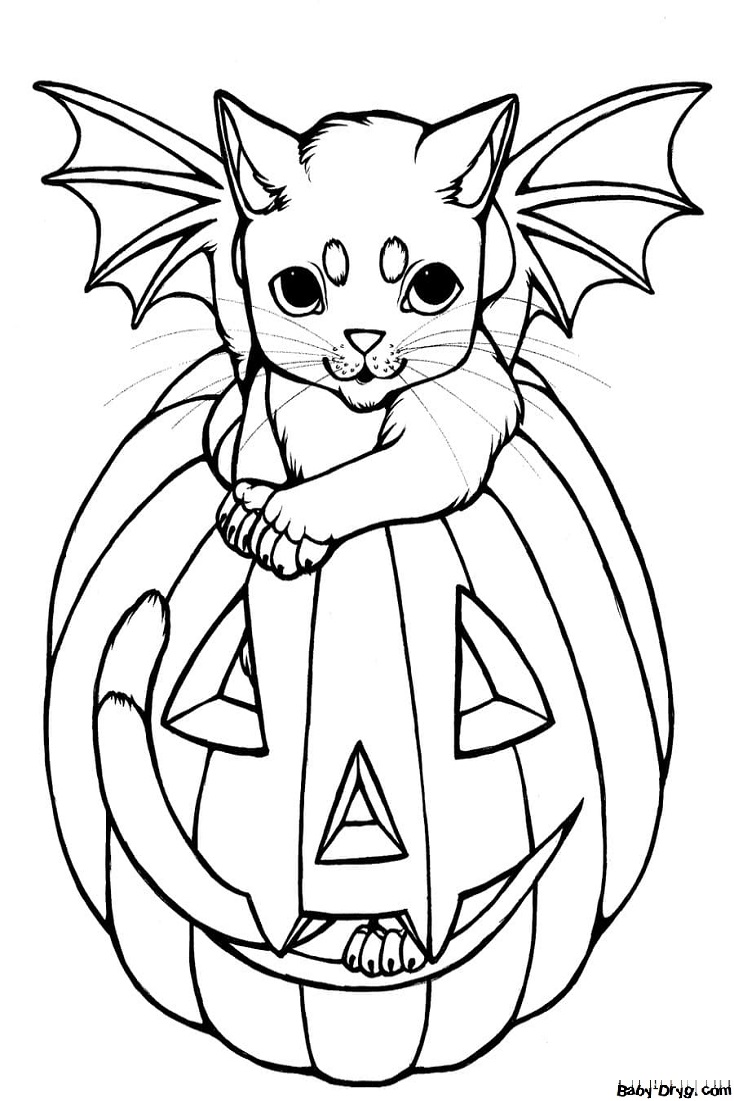 Coloring page A cat with wings lurks in a pumpkin lamp | Coloring Halloween