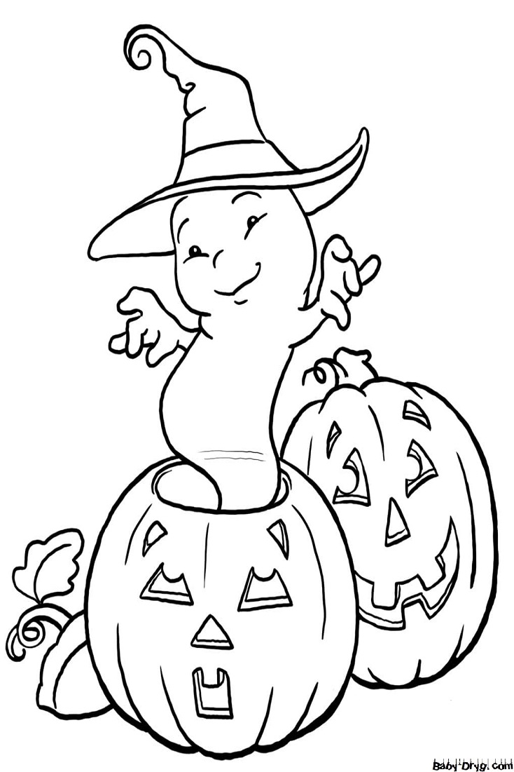 Coloring page A ghost came out of a pumpkin | Coloring Halloween
