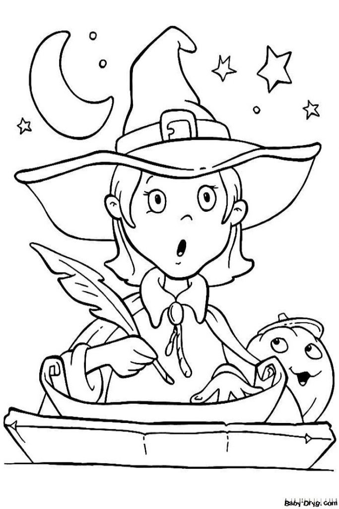 Coloring page A girl writes down a recipe for a potion | Coloring Halloween