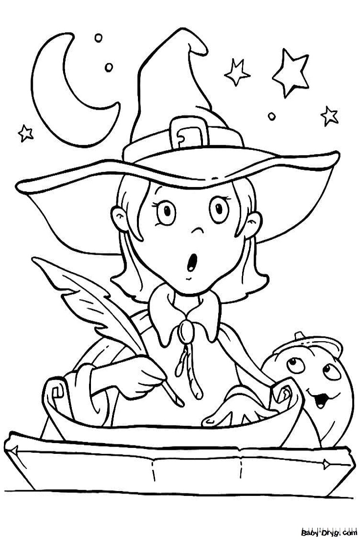 Coloring page A girl writes down a recipe for a potion | Coloring Halloween