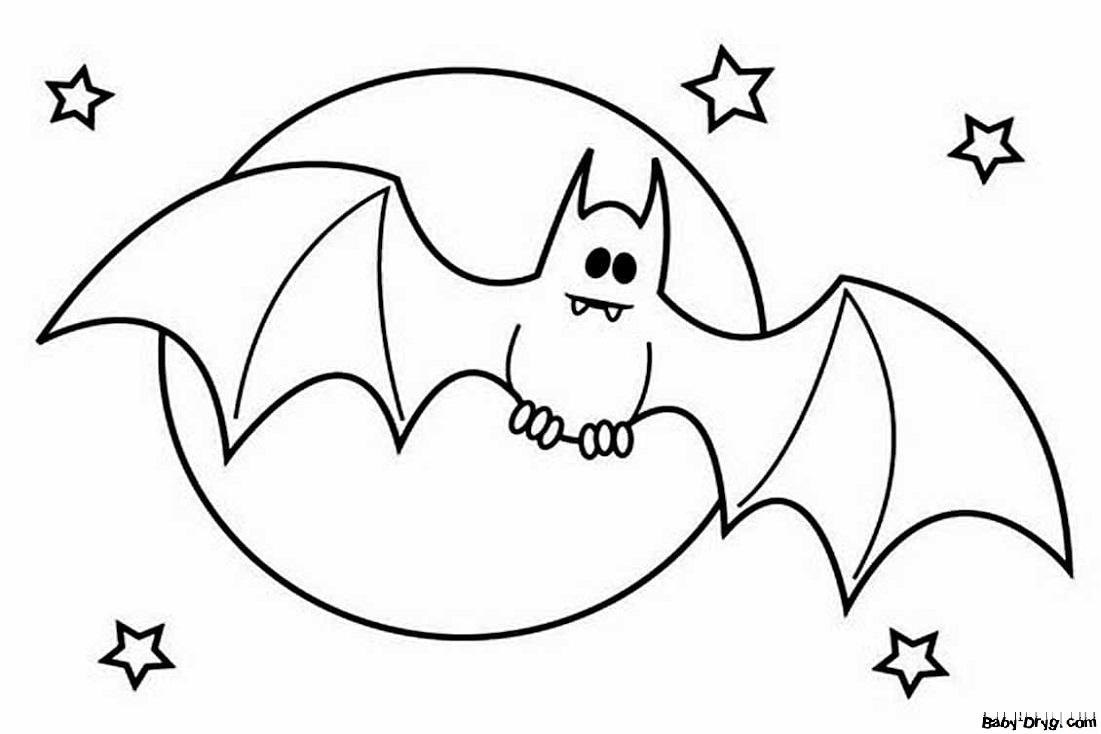 Coloring page Bat in front of the moon and stars | Coloring Halloween