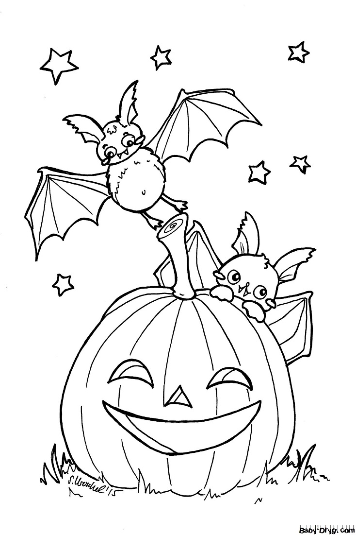Coloring page Bats flying around Jack's lamp | Coloring Halloween