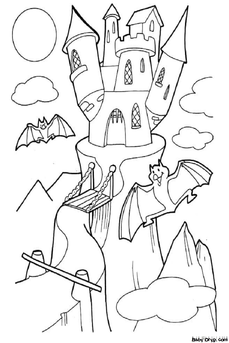 Coloring page Bats flying near the house on the hill | Coloring Halloween