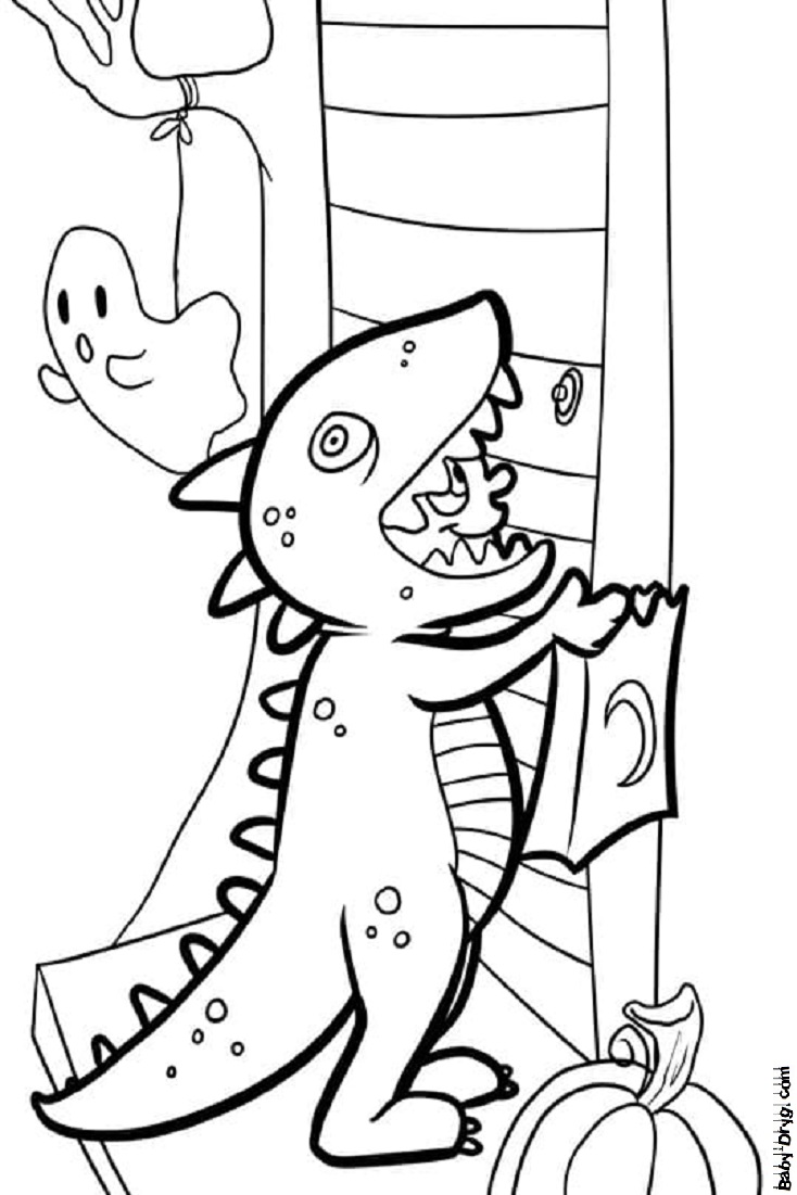 Coloring page Boy in a dinosaur costume on Halloween | Coloring Halloween