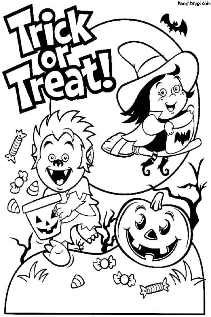 Coloring page Children dressed up in monster costumes and asking for candy with the words "Trick or treat?" | Coloring Halloween