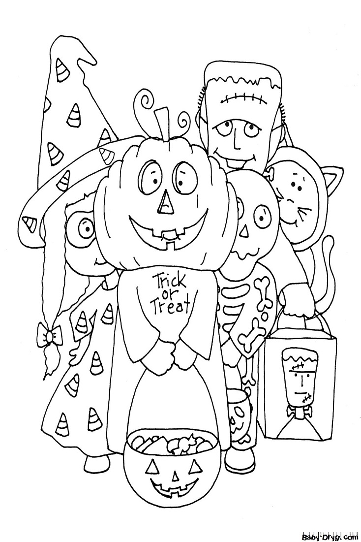 Coloring page Children in costumes asking for candy | Coloring Halloween