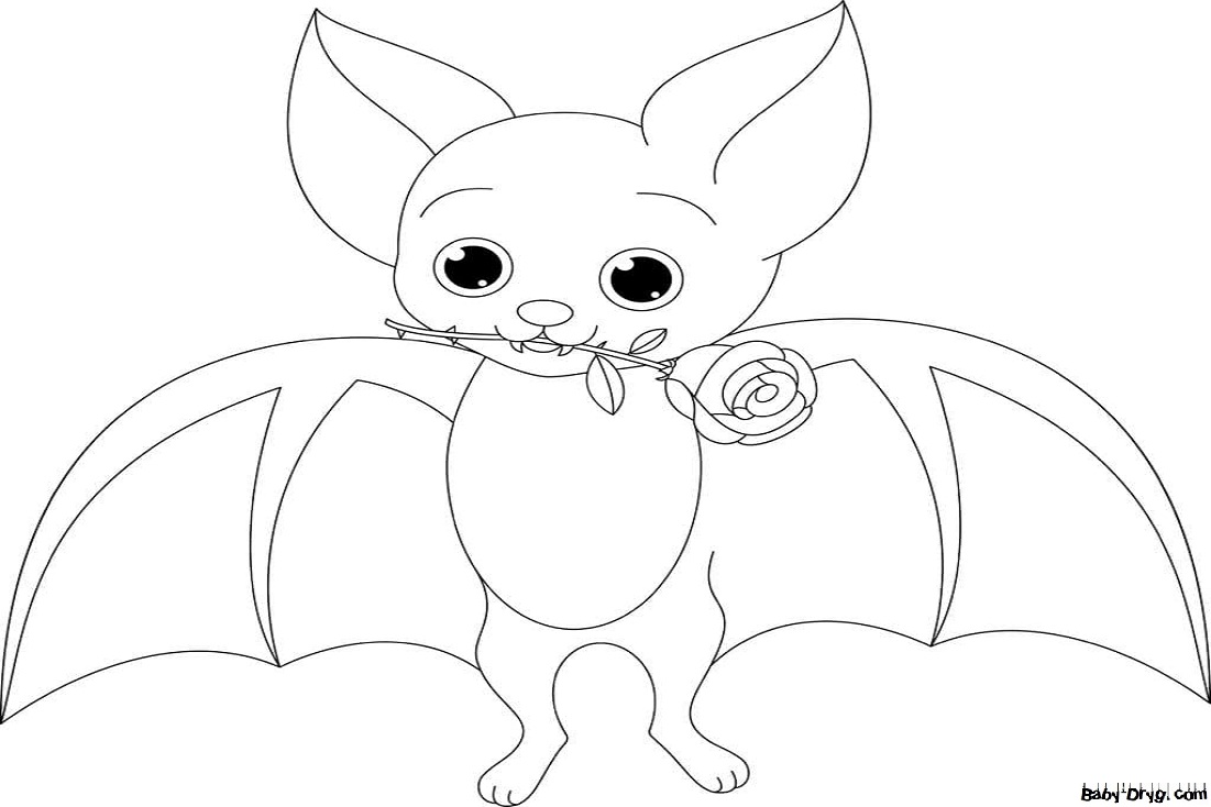 Coloring page Cute bat with a rose | Coloring Halloween