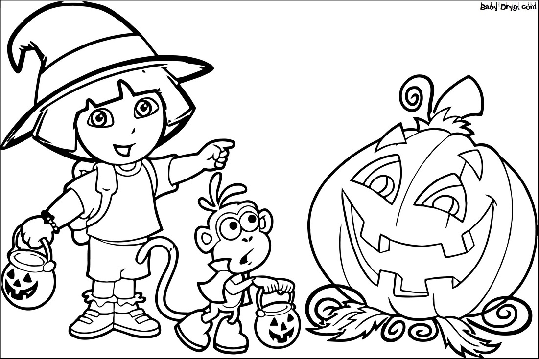 Coloring page Dasha the Traveler and Shoe found the most beautiful pumpkin | Coloring Halloween