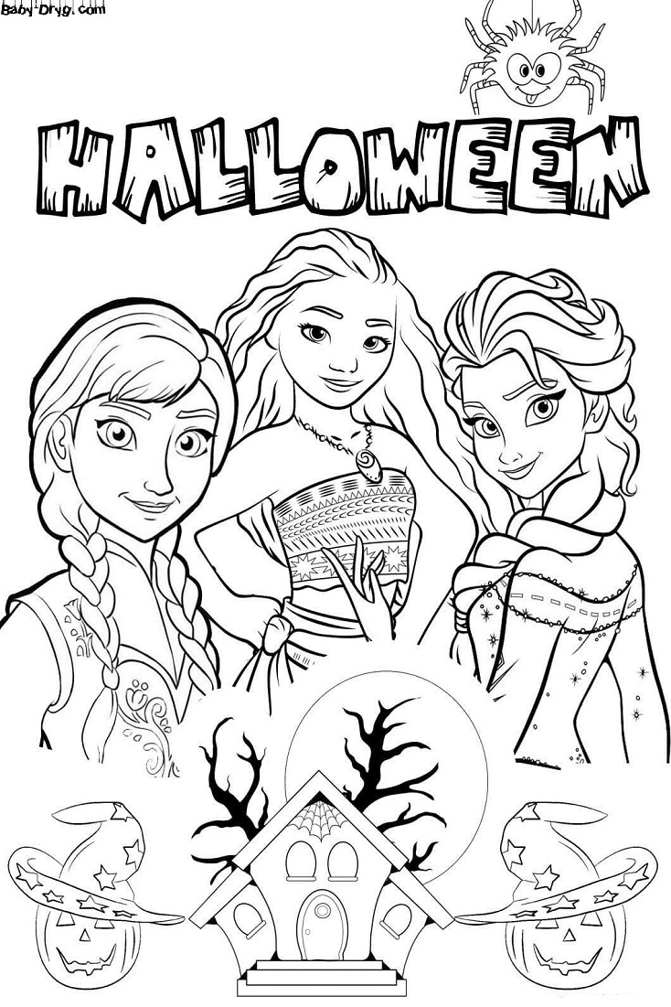 Coloring page Disney princess Halloween card | Coloring Halloween
