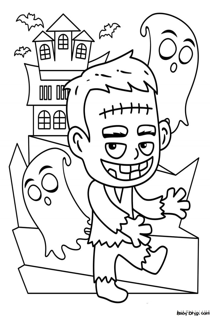 Coloring page Frankenstein walks down the street and scares passersby | Coloring Halloween