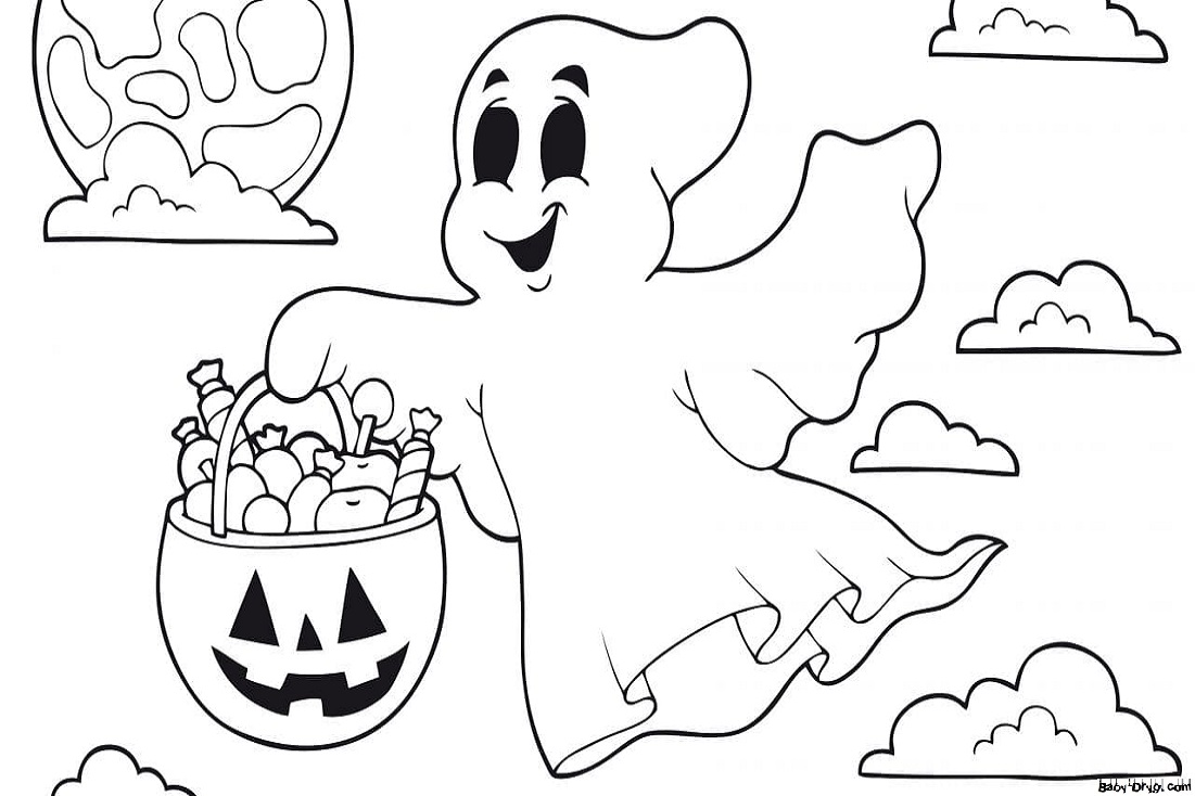 Coloring page Ghost collects candy | Coloring Halloween