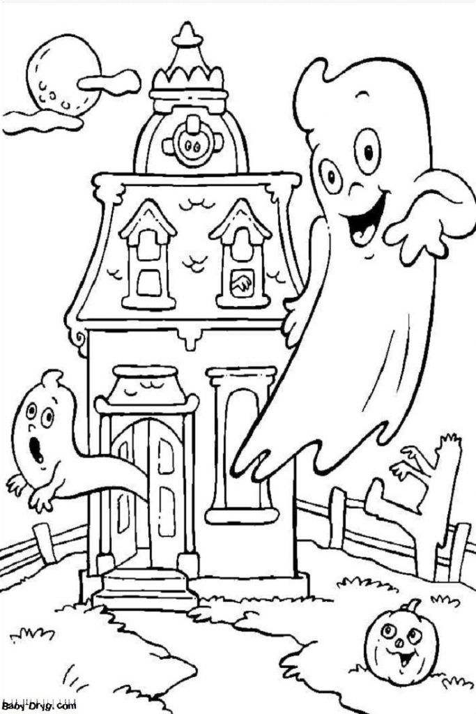 Coloring page Ghosts scare passersby near the house | Coloring Halloween