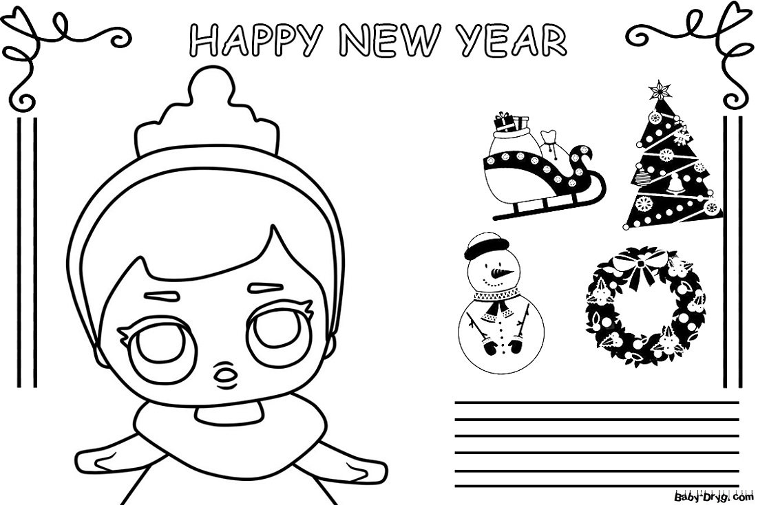 Coloring page Happy New Year with a LOL doll | Coloring LOL dolls