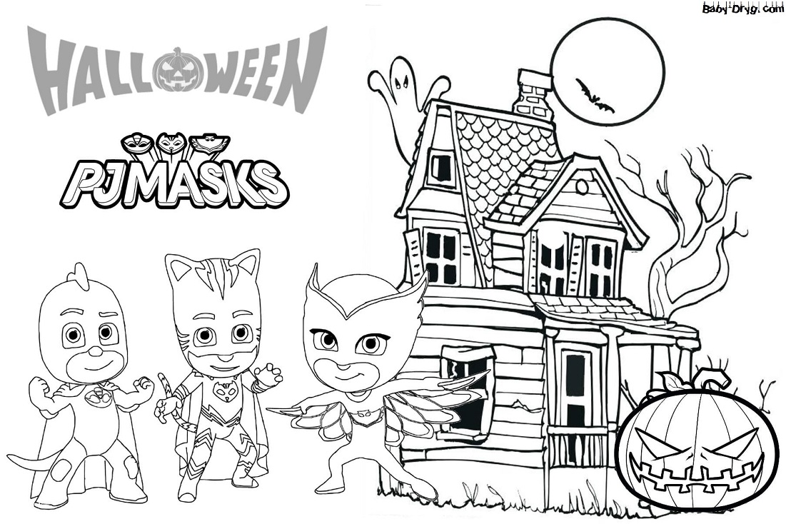 Coloring page Heroes in Masks guarding the house from ghosts | Coloring Halloween
