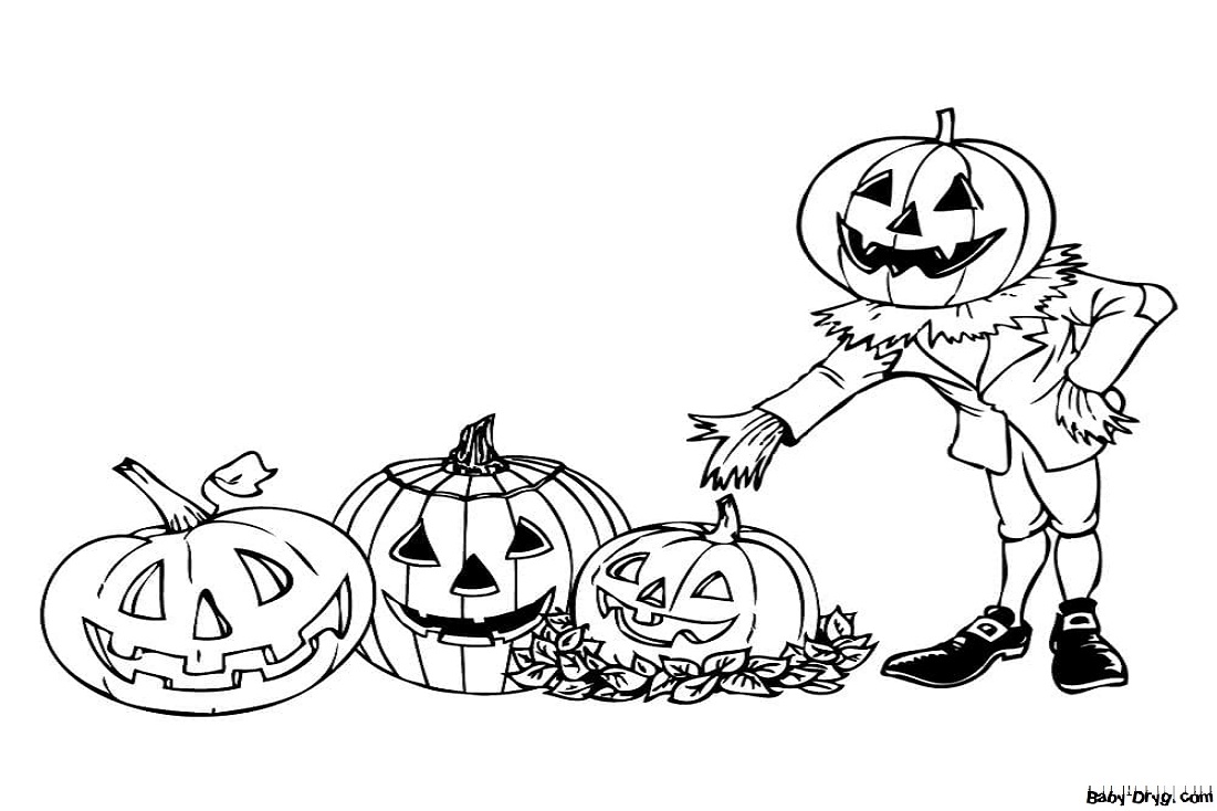 Coloring page Jack has chosen the most beautiful pumpkins and invites you to color them | Coloring Halloween
