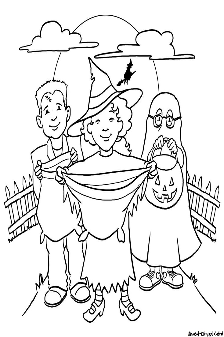 Coloring page Kids asking for candy | Coloring Halloween