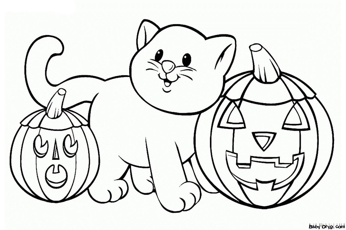 Coloring page Kitten hiding behind pumpkins | Coloring Halloween