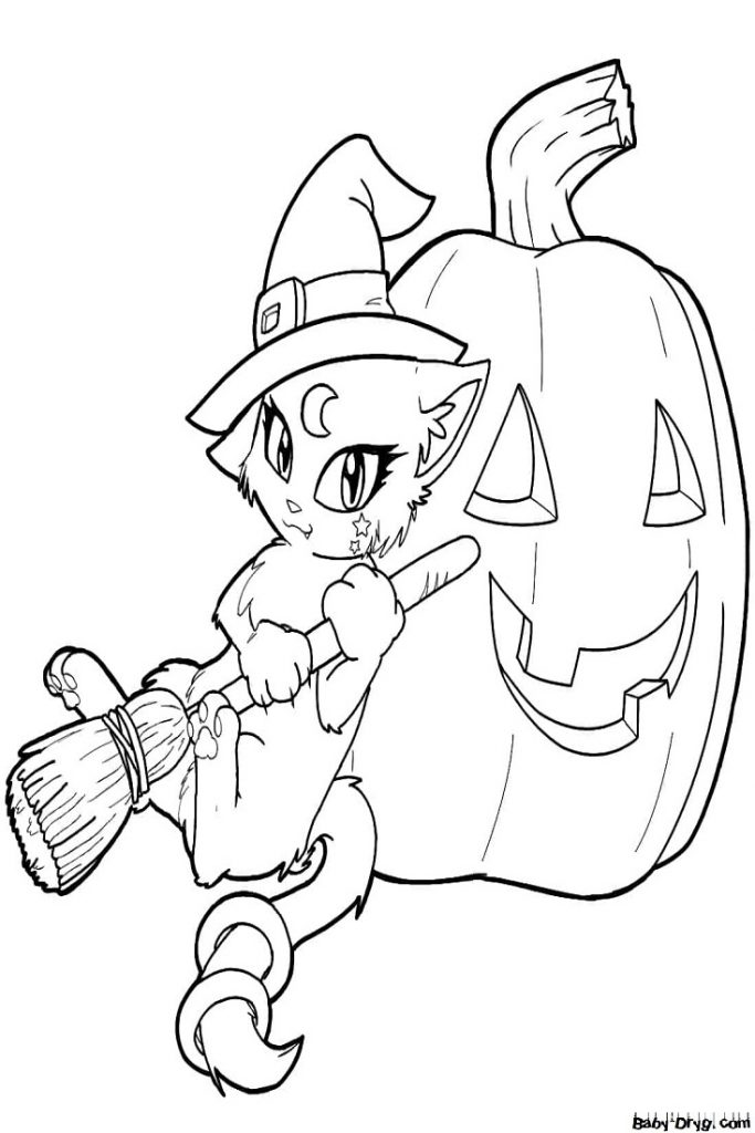 Coloring page Kitten leaning on a pumpkin | Coloring Halloween