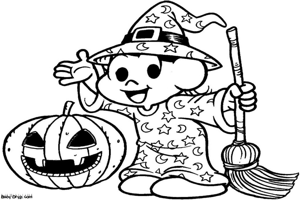 Coloring page Little Sorcerer with a Pumpkin | Coloring Halloween