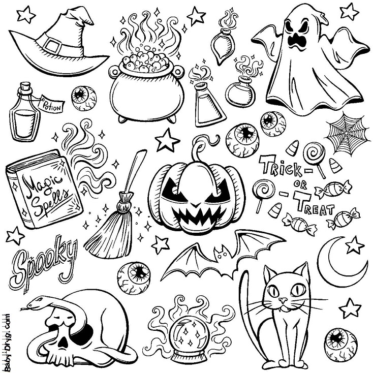 Coloring page Main symbols of the mystical holiday | Coloring Halloween