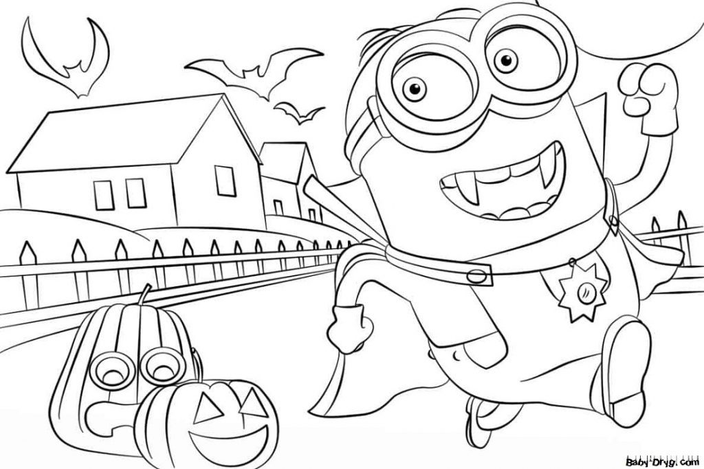 Coloring page Minion escapes from bats | Coloring Halloween