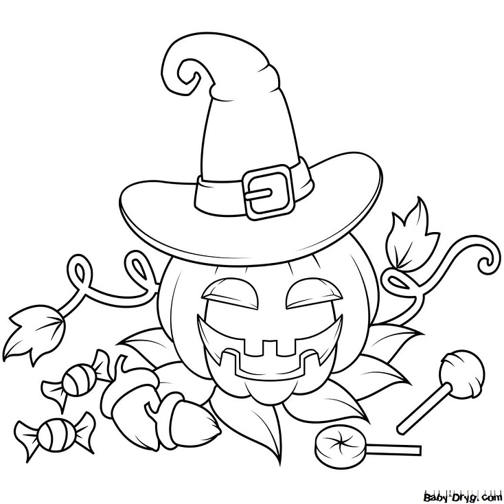Coloring page Ominous pumpkin in a witch's hat | Coloring Halloween