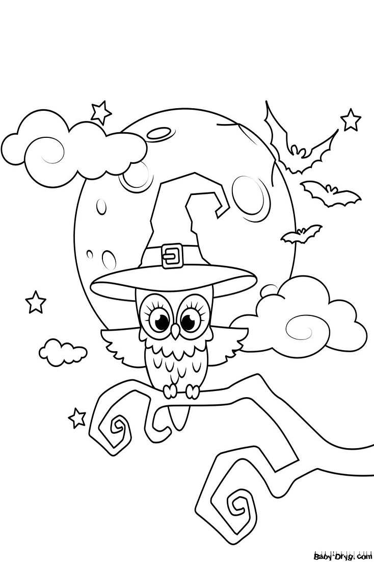 Coloring page Owl in a Sorcerer's Hat | Coloring Halloween