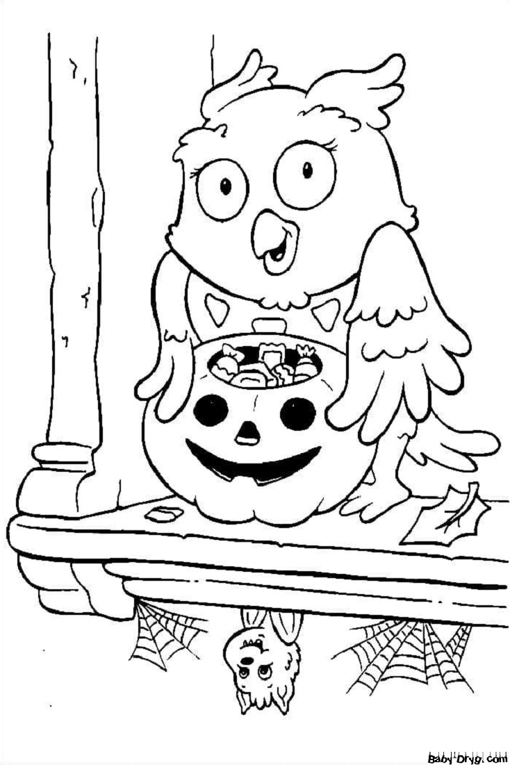 Coloring page Owl with candy | Coloring Halloween printout