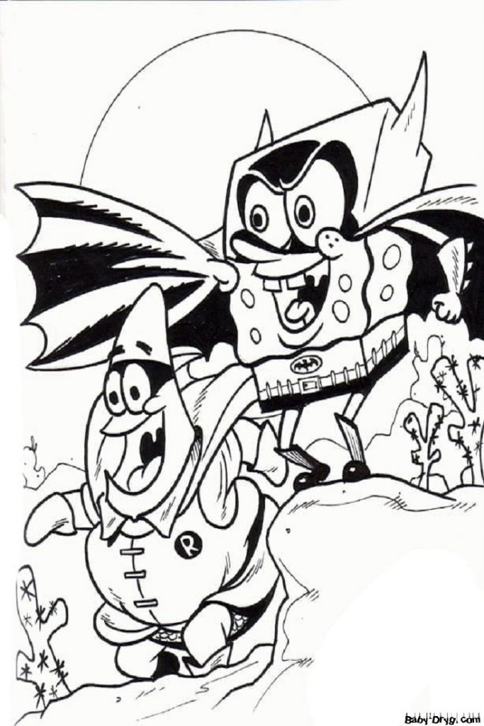 Coloring page Patrick and SpongeBob have fun on Halloween | Coloring Halloween