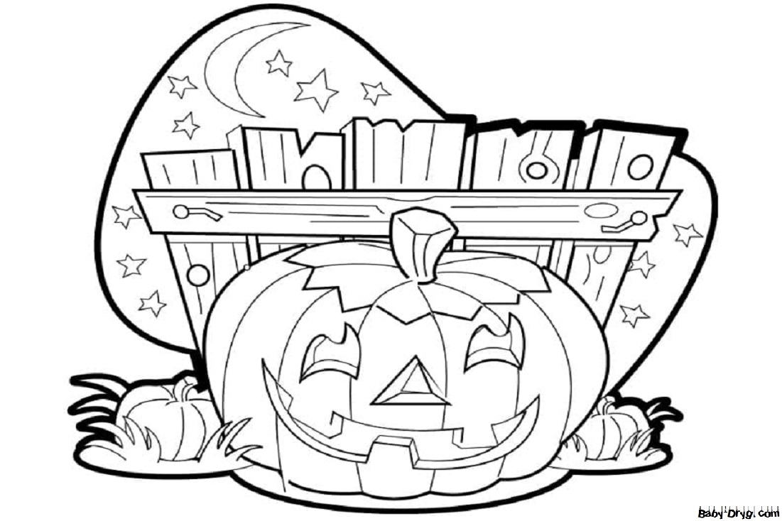 Coloring page Pumpkin behind the fence | Coloring Halloween
