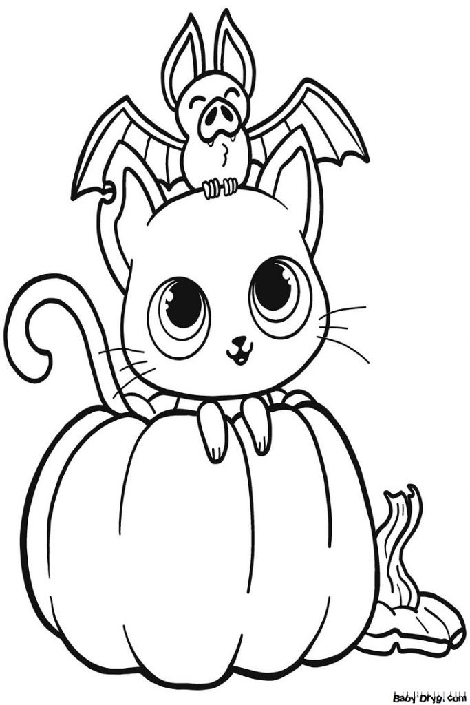 Coloring page Pumpkin, Black Cat and Bat | Coloring Halloween