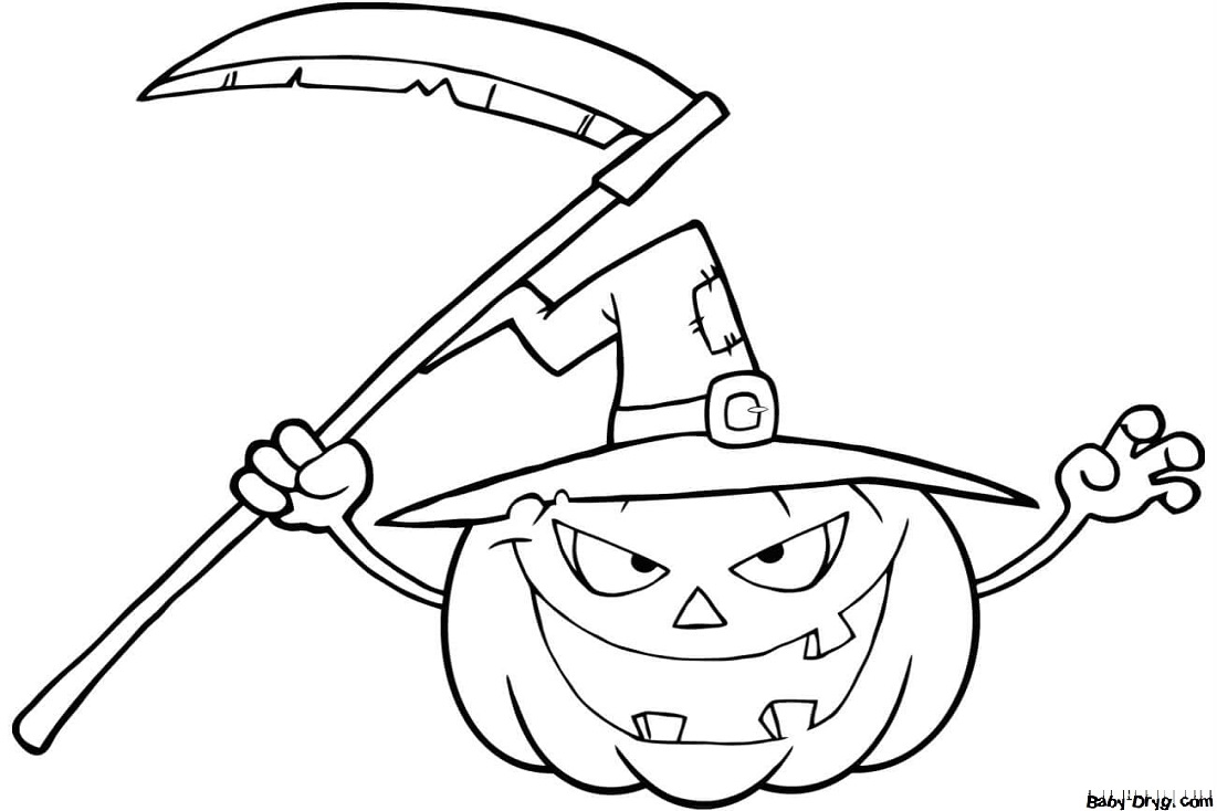 Coloring page Pumpkin with a scythe | Coloring Halloween