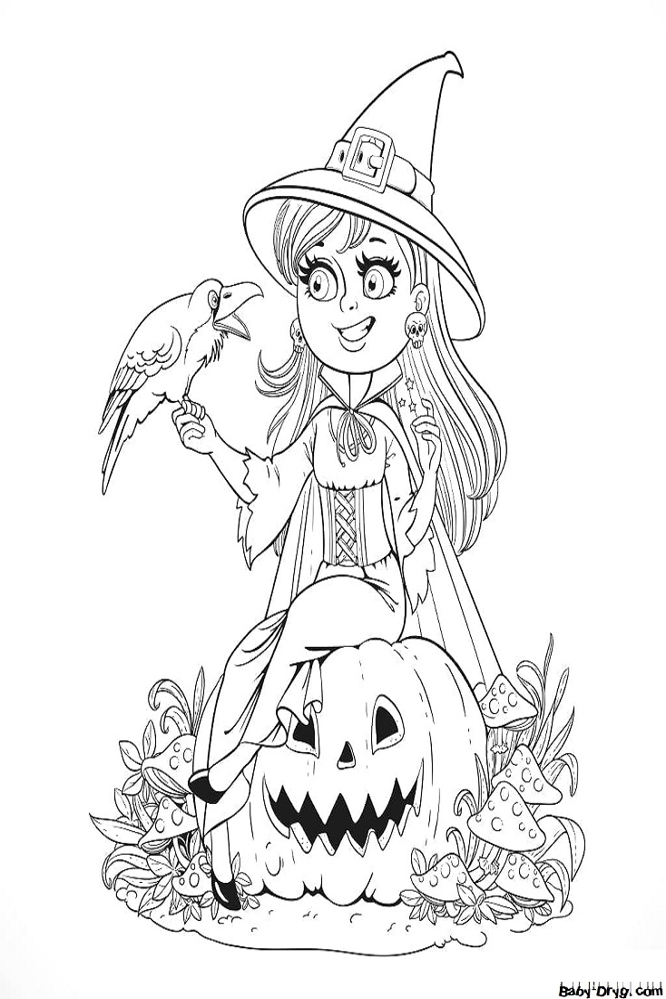 Coloring page Raven tells the witch that the holiday has already begun | Coloring Halloween