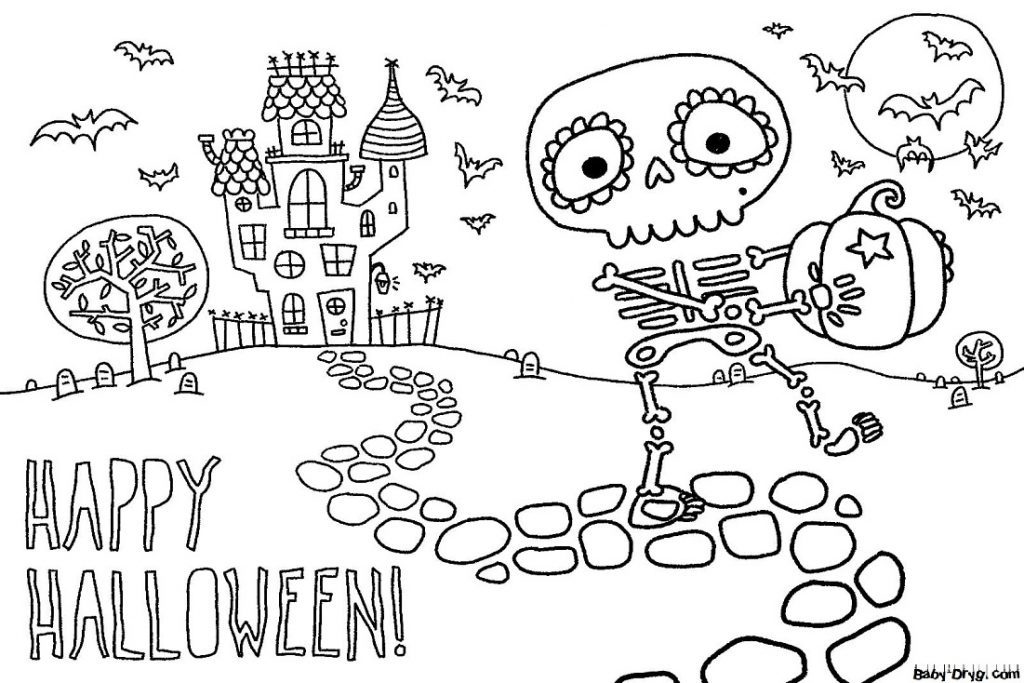 Coloring page Skeleton carries a pumpkin | Coloring Halloween