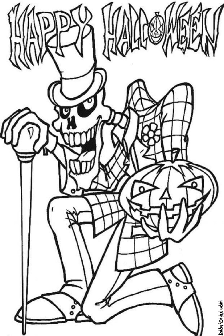 Coloring page Skeleton with a pumpkin | Coloring Halloween