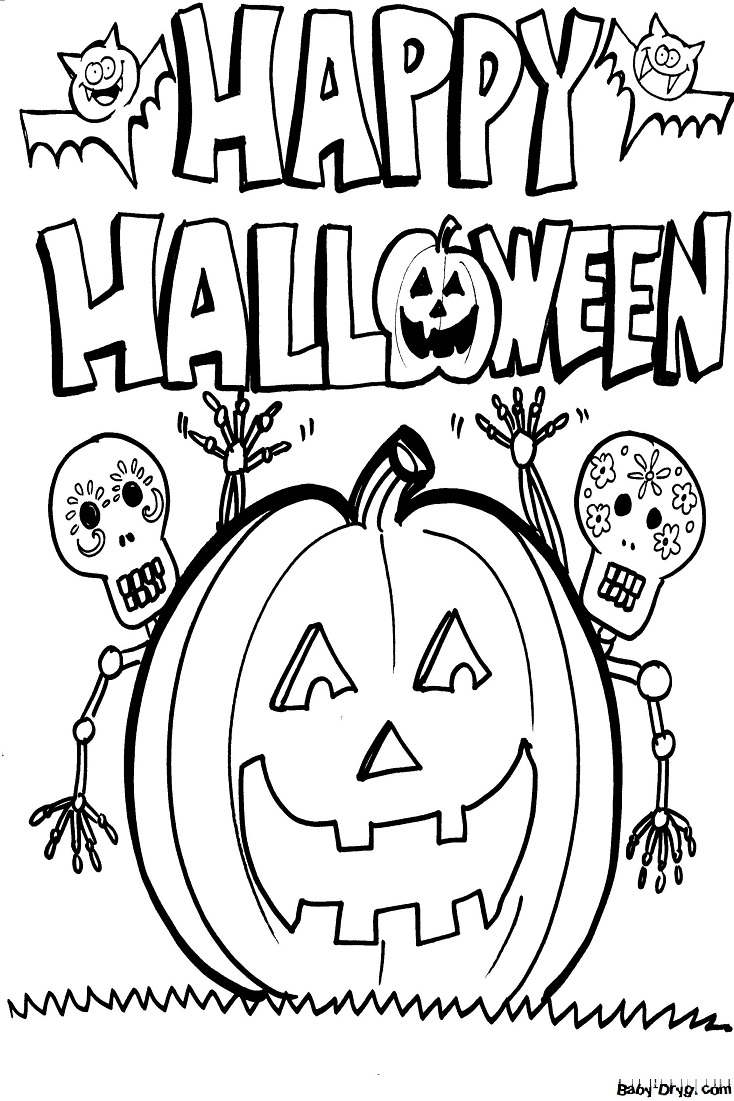 Coloring page Skeletons look out of the pumpkin | Coloring Halloween