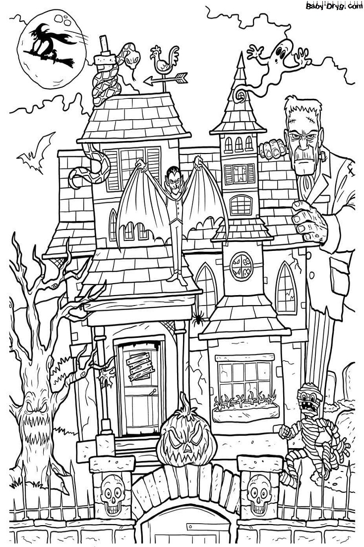Coloring page The city is preparing for a mystical holiday | Coloring Halloween