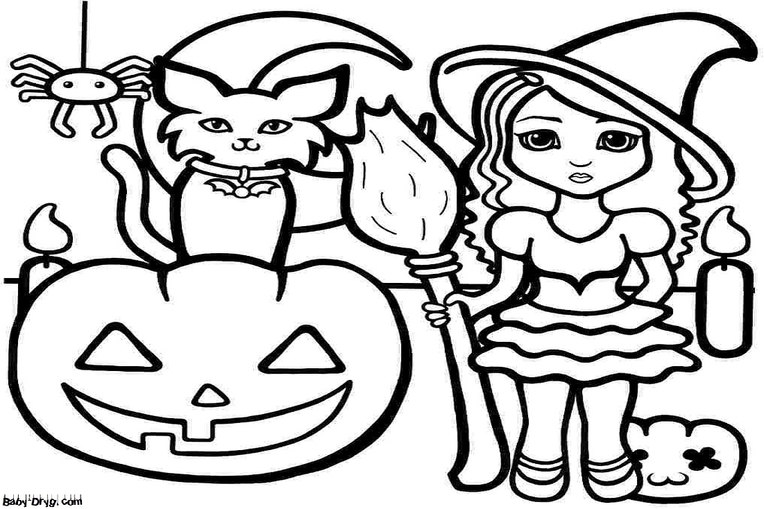 Coloring page The little magician came to the party. There a black cat was waiting for her | Coloring Halloween