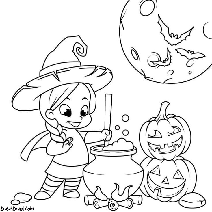 Coloring page The little witch makes a potion | Coloring Halloween