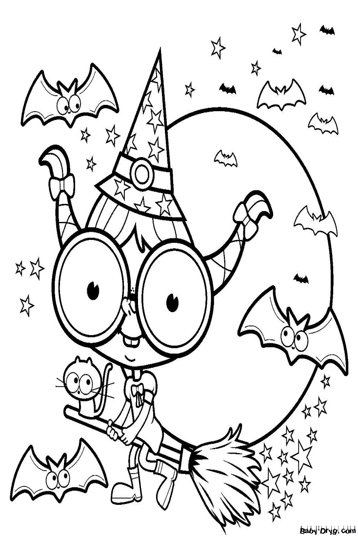 Coloring page The witch flies to the holiday | Coloring Halloween