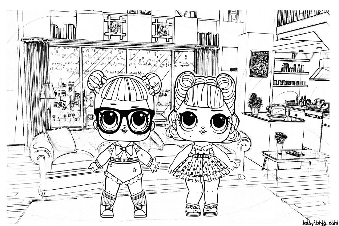 Coloring page Two stylish dolls having fun at home | Coloring LOL dolls