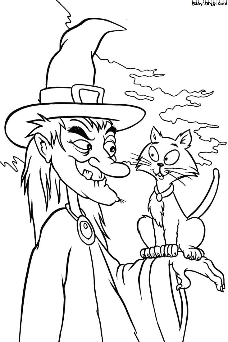 Coloring page Witch and her black cat | Coloring Halloween