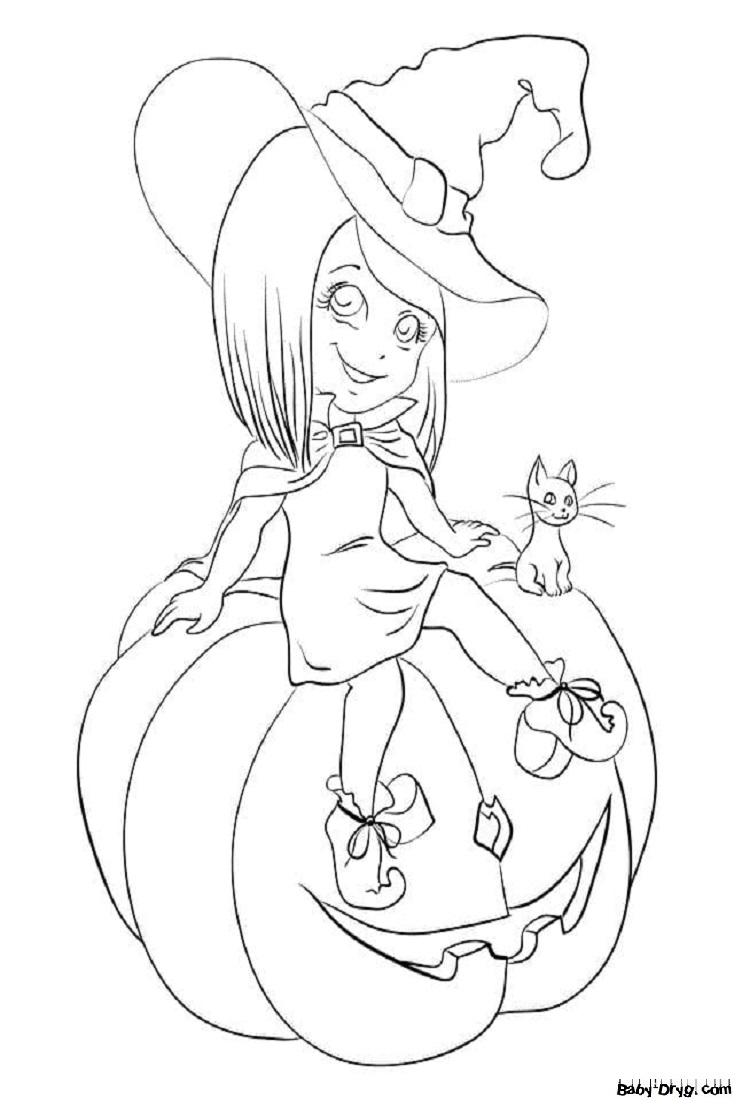 Coloring page Witch sitting on a pumpkin | Coloring Halloween