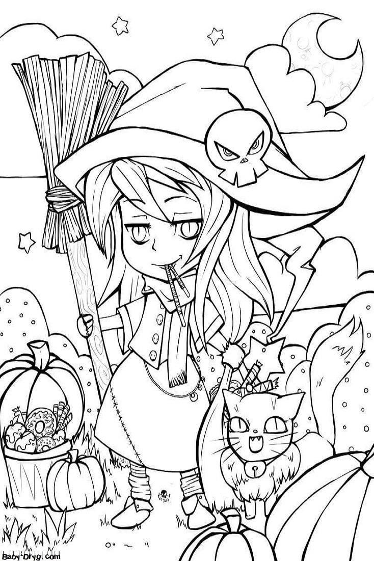 Coloring page Witch with her pet | Coloring Halloween