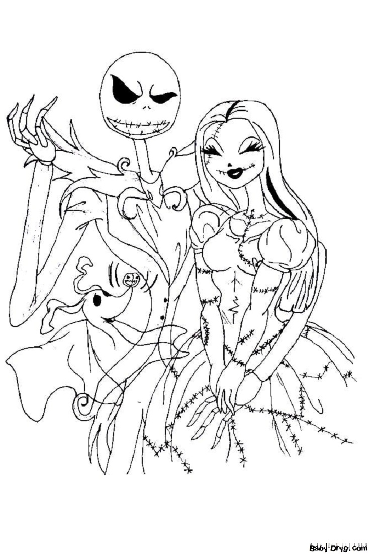 Coloring page Zero, Jack and Sally at the party | Coloring Halloween